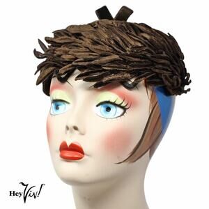 Vintage 50s 60s Brown Velvet Cocktail Hat w Cutout Leaf Shapes on Frame -Hey Viv